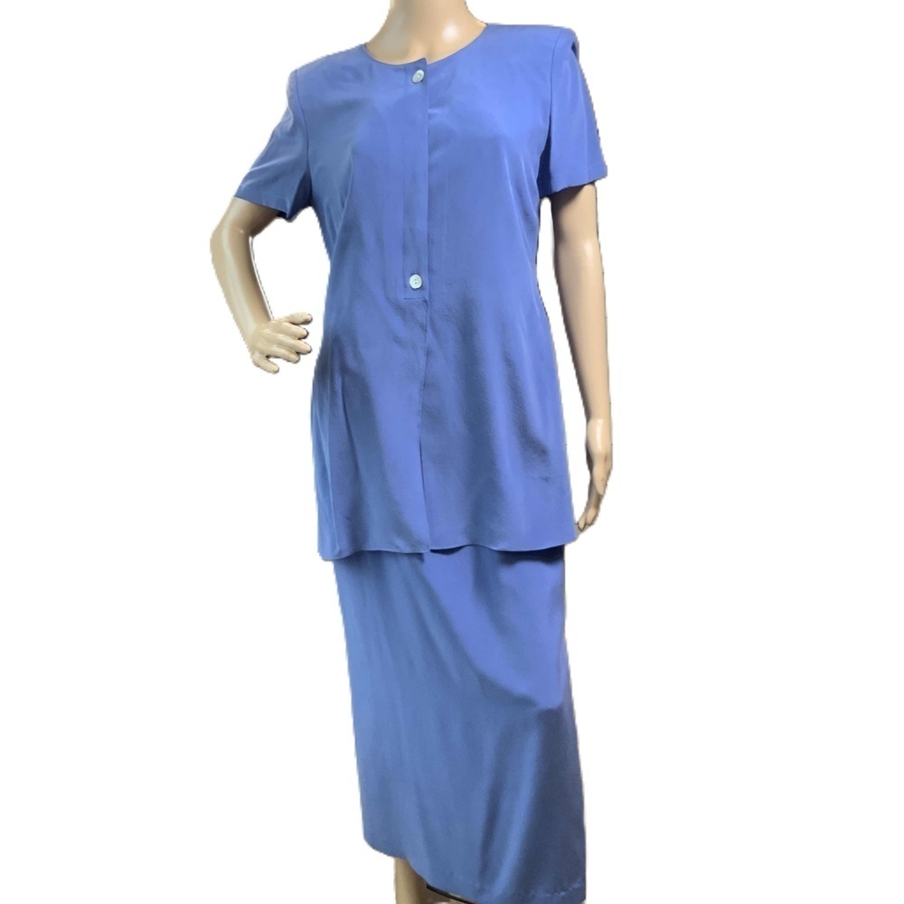 Maggy London Blue Short Sleeve Button-Down Silk 2 Piece Maxi Skirt Blouse Set Md